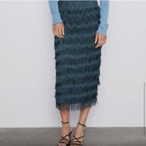 ZARA dark Teal (blue/green) fringe midi skirt size XS